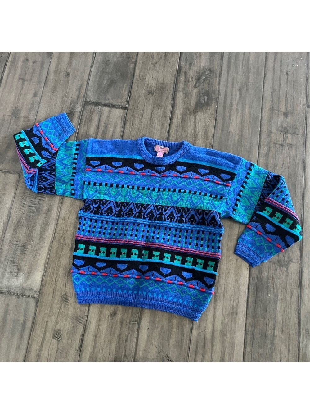 Vintage 90s Concrete Mix Blue Geometric Coogi Style Chunky Sweater - Size Large